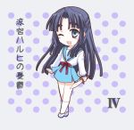  1girl ;d asakura_ryouko blue_eyes chibi copyright_name half_updo harmonia knife long_hair one_eye_closed open_mouth polka_dot polka_dot_background purple_hair school_uniform serafuku smile solo suzumiya_haruhi_no_yuuutsu 