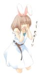  1girl ^_^ animal_ears belt blush_stickers brown_hair closed_eyes jirou_(chekoro) rabbit_ears skirt solo white_skirt 