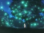  1girl 90s arm_up card_captor_sakura fireflies firefly green japanese_clothes kimono kinomoto_sakura night screencap solo tree under_tree 