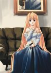  00s 1girl archetype_earth arcueid_brunestud bare_shoulders blonde_hair breasts cleavage detached_sleeves dress duplicate gown highres long_hair medium_breasts princess red_eyes sitting solo strapless strapless_dress tsukihime 