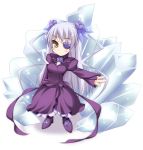  00s 1girl barasuishou brown_eyes chibi crystal dress flower flower_eyepatch hairband lolita_hairband long_sleeves looking_at_viewer outstretched_arm purple_dress rose rozen_maiden shimakaze silver_hair simple_background solo standing white_background 