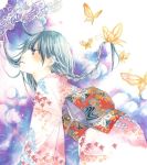  1girl braid butterfly japanese_clothes kimono original single_braid solo traditional_media uko_(artist) watercolor_(medium) yuufuushi 