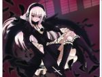  00s 1girl black_boots black_feathers black_wings boots detached_collar flower frilled_sleeves frills hairband knee_boots leg_garter legs_crossed lolita_hairband long_sleeves looking_at_viewer rose rozen_maiden silver_hair smile solo suigintou wings 