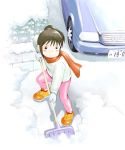  00s 1girl :| bangs black_eyes black_hair blush brick bush car child cleaning from_above ground_vehicle legs_apart long_hair long_sleeves mittens motor_vehicle ogino_chihiro outdoors pants scarf sen_to_chihiro_no_kamikakushi shadow shoes shovel snow solo standing studio_ghibli sweater vehicle winter winter_clothes worktool 