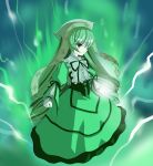  00s 1girl brown_hair clenched_hands full_body green head_scarf long_hair monochrome rozen_maiden serious simple_background solo straightchromia suiseiseki very_long_hair 