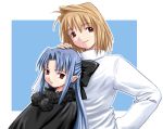  00s 2girls ahoge arcueid_brunestud bangs blonde_hair blue_background bow fur_trim hair_bow half_updo len long_sleeves looking_at_viewer looking_away multiple_girls parted_bangs pointy_ears pom_pom_(clothes) red_eyes sidelocks simple_background smile sweater tsukihime upper_body white_border 