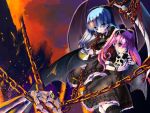  2girls blood blue_hair chains gothic gothic_lolita lolita_fashion multiple_girls original pink_eyes pink_hair quea;re red_eyes scythe skull twintails weapon wings 