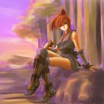  1girl brown_eyes brown_hair legs_crossed ninja ponytail short_hair sitting 