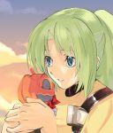  1girl blue_eyes face green_hair hands higurashi_no_naku_koro_ni kabocha long_hair looking_away parted_lips ponytail portrait pumpkin solo sonozaki_mion 