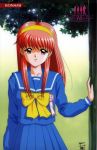  1girl 90s badge bow dated fujisaki_shiori graduation hairband kokura_masashi konami official_art oldschool redhead scan school_uniform serafuku solo tokimeki_memorial tokimeki_memorial_1 yellow_bow 