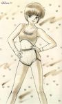  1girl 80s heart hiyama_hikaru kimagure_orange_road midriff monochrome navel oldschool scan short_hair shorts solo takada_akemi watermark 