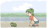  1girl animated animated_gif child clouds emoncake. frog green_hair koiwai_yotsuba lowres open_mouth outdoors quad_tails raglan_sleeves shirt shorts sky smile solo t-shirt yotsubato! 