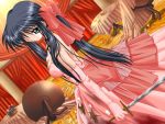  1girl black_hair dress game_cg green_eyes hinoue_itaru kanon kawasumi_mai long_hair ribbon solo sword weapon 