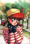  1girl :d ahoge black_gloves blue_eyes braid diamond eyelashes gem gloves hat highres long_sleeves mon_mon oldschool open_mouth outdoors park redhead smile solo striped striped_sweater sweater tree twin_braids twintails upper_body 
