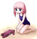  1girl beach blue_eyes blue_swimsuit kneeling long_hair one-piece_swimsuit pink_hair squid swimsuit yuuki_shin&#039;ichi 