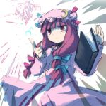  1girl book bow female hair_bow long_hair looking_away low-tied_long_hair lowres magic mizumoto_tadashi patchouli_knowledge pointing purple_hair solo tied_hair touhou violet_eyes 