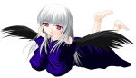  00s 1girl bare_shoulders barefoot black_wings doll doll_joints legs_up lips looking_at_viewer lying off_shoulder on_stomach pink_eyes pink_lips rozen_maiden silver_hair smile solo suigintou wings 