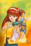  4girls 90s aqua_eyes aqua_hair brown_eyes brown_hair character_request fujisaki_shiori green_hair hair_bobbles hair_ornament hair_rings hairband half_updo kokura_masashi konami mikihara_megumi multiple_girls official_art oldschool open_mouth ponytail red_eyes redhead ribbon saotome_yumi scan shorts tatebayashi_miharu tokimeki_memorial tokimeki_memorial_1 waving 