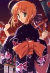  1girl ahoge blonde_hair candy_apple fate/stay_night fate_(series) festival food green_eyes japanese_clothes kimono saber solo yukata 