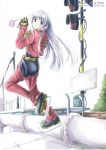  1girl armor belt blush bodysuit candy full_body gauntlets ice_skates king_of_fighters kula_diamond lollipop looking_back pipe pipes pole railing red_eyes silver_hair skates snk solo sweets the_king_of_fighters wavy_mouth zipper 