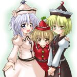  3girls blonde_hair blue_eyes blue_hair bococho brown_eyes brown_hair female hat lunasa_prismriver lyrica_prismriver merlin_prismriver multiple_girls short_hair siblings sisters touhou yellow_eyes 