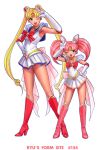  2girls 90s age_difference bishoujo_senshi_sailor_moon bishoujo_senshi_sailor_moon_supers blonde_hair blue_eyes boots bow chibi_usa child choker double_bun elbow_gloves full_body gloves hair_ornament hand_on_hip high_heel_boots high_heels knee_boots long_hair magical_girl mother_and_daughter multicolored_skirt multiple_girls one_eye_closed open_mouth parted_bangs pink_boots pink_eyes pink_footwear pink_hair pleated_skirt pose red_bow red_footwear ryu_(ryu&#039;s_former_site) sailor_chibi_moon sailor_moon sailor_senshi school_uniform serafuku shoes short_twintails simple_background skirt standing super_sailor_chibi_moon super_sailor_moon tiara tsukino_usagi twintails v very_long_hair white_background white_gloves wink 