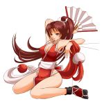  1girl armpits breasts brown_eyes brown_hair cleavage fan fatal_fury folding_fan king_of_fighters loincloth long_hair naughty_face pelvic_curtain ponytail rope shiranui_mai sitting smile snk socks solo the_king_of_fighters 