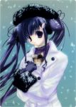  1girl aqua_background cat coat duplicate gloves long_hair purple_hair scan snow snowing twintails violet_eyes winter yuunagi_futaba 