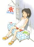  00s 1girl against_wall artist_request bare_shoulders brown_eyes brown_hair child collarbone exhausted food ice_cream ogino_chihiro outdoors ponytail sen_to_chihiro_no_kamikakushi shaved_ice shoes shorts sign sitting socks solo studio_ghibli sundae tank_top white_legwear 
