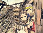  2girls blue_eyes breasts brown_hair city cityscape fantasy headband humi multiple_girls road scenery stairs street summer toi8 