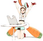  1girl animal_ears arms_up brown_hair carrot computer densha_otoko getsumento_heiki_miina gloves hairband happy kneeling laptop midriff okama outstretched_arms rabbit_ears red_eyes red_gloves short_hair solo tsukishiro_mina victory_pose 