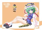  2girls arm_support blonde_hair blush bow chibi female green_hair hat inasaki_shirau instrument lunasa_prismriver multiple_girls ribbon rod_of_remorse shiki_eiki short_hair sitting skirt socks touhou violin wink 