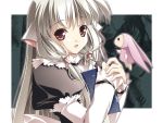  00s 1girl :d book chii chobits hair_tubes holding lolita_fashion long_hair long_sleeves looking_at_viewer maid open_mouth puffy_long_sleeves puffy_sleeves red_eyes robot_ears silver_hair sleeves_past_wrists smile solo stuffed_toy upper_body wallpaper white_hair 
