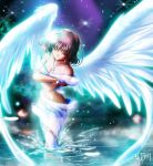  1girl airbrush amano_mishio angel brown_hair kanon night original short_hair signature solo water wings yukirin 