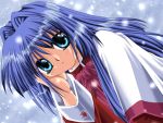  1girl blue_eyes blue_hair game_cg hinoue_itaru kanon minase_nayuki school_uniform serafuku snow snowing solo 