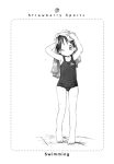  1girl barasui child highres ichigo_mashimaro itou_chika monochrome name_tag one-piece_swimsuit school_swimsuit solo swimsuit towel towel_on_head 