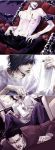  3boys arm_grab bags_under_eyes black_hair blood brown_hair chair death_note glasses hair_over_eyes l_(death_note) lily_(artist) male_focus multiple_boys open_fly paper realistic ryuk shirtless sitting skull unzipped yagami_light yagami_souichirou 