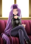  1girl couch fate/stay_night fate_(series) glasses legs_crossed long_hair low-tied_long_hair noritama_(gozen) one_eye_closed purple_hair rider solo tea tied_hair very_long_hair 