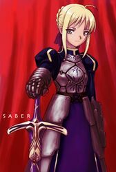  1girl armor armored_dress blonde_hair caliburn character_name dress fate/stay_night fate_(series) green_eyes hand_on_hilt heika_(artist) heika_(heikahp) puffy_sleeves saber solo 