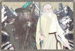  2boys beard belt dual_persona facial_hair fantasy gandalf gandalf_the_grey gandalf_the_white grey_hair hat john_ronald_reuel_tolkien landscape lord_of_the_rings male_focus medieval middle_earth mountain multiple_boys old_man robe staff sword the_return_of_the_king weapon white_hair wizard wizard_(istari) wizard_hat 