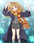  1girl :d arima_natsubon bangs blue_background blunt_bangs brown_eyes curly_hair grey_legwear happy harry_potter head_tilt hermione_granger light_brown_hair looking_at_viewer miniskirt necktie open_mouth pleated_skirt robe scarf school_uniform serafuku skirt smile snow snowflakes solo standing sweater wand witch 