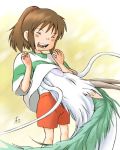  00s 1girl brown_hair child couple dragon haku hetero laughing lowres ogino_chihiro ponytail sen_to_chihiro_no_kamikakushi shirt signature smile studio_ghibli tickling 