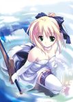  1girl avalon_(fate/stay_night) blonde_hair breasts choker cleavage dress duplicate elbow_gloves engrish excalibur fate/stay_night fate_(series) gloves green_eyes kiba_satoshi lowres perspective ponytail ranguage ribbon saber sheath sheathed solo sword thigh-highs weapon white_gloves white_legwear 