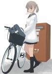  1girl bag bangs bicycle black_legwear black_shoes black_skirt blunt_bangs blush from_side full_body ground_vehicle japanese_postal_mark kiriman_(souldeep) kneehighs letter light_brown_hair long_hair looking_at_viewer looking_to_the_side mailbox miniskirt mouth_hold no_pupils original pleated_skirt postbox school_bag school_uniform serafuku shoes short_twintails skirt solo standing sweater twintails white_sweater 