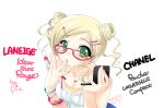  blonde_hair bracelet double_bun emily_(pure_dream) eyeshadow finger_to_mouth glasses green_eyes hair_ornament hairclip jewelry lipstick lipstick_tube makeup necklace source_request 