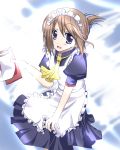  1girl :d apron blue_eyes blush brown_hair cravat folded_ponytail frills holding komaki_manaka looking_at_viewer maid maid_apron maid_headdress open_mouth puffy_short_sleeves puffy_sleeves short_sleeves simple_background smile solo to_heart_2 