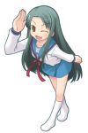  amamiya_minato fang footwear long_hair salute school_uniform serafuku socks suzumiya_haruhi_no_yuuutsu tsuruya very_long_hair 