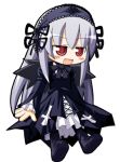  00s 1girl black_dress blush chibi dress frills hairband lolita_hairband long_hair lowres open_mouth red_eyes rozen_maiden silver_hair simple_background sitting solo suigintou very_long_hair white_background 