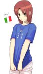  1girl 2006_fifa_world_cup andrea_pirlo andrea_pirlo_(cosplay) bangs blush breasts cosplay cowboy_shot grey_eyes gunslinger_girl italian_flag italy jersey light_smile looking_at_viewer number parted_bangs petrushka redhead shirt shirt_tug short_hair short_sleeves shorts simple_background sketch small_breasts smile soccer soccer_uniform solo sportswear standing uniform white_background world_cup yu_65026 
