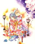  1girl candle fan folding_fan japanese_clothes kimono original solo traditional_media uko_(artist) watercolor_(medium) yuufuushi 